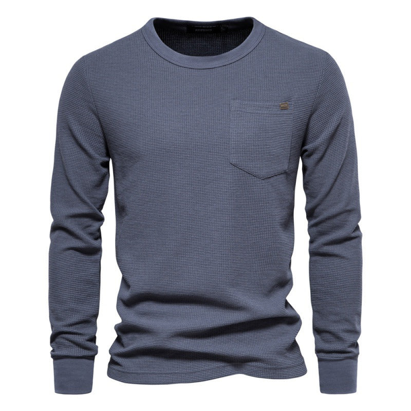 Solid Men's Crew Neck Pocket Waffle Long Sleeve T-Shirt