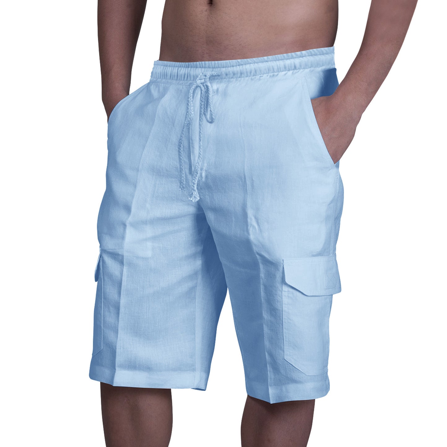Linen Shorts Multi-Pocket Drawstring Men's Beach Solid Color Overalls