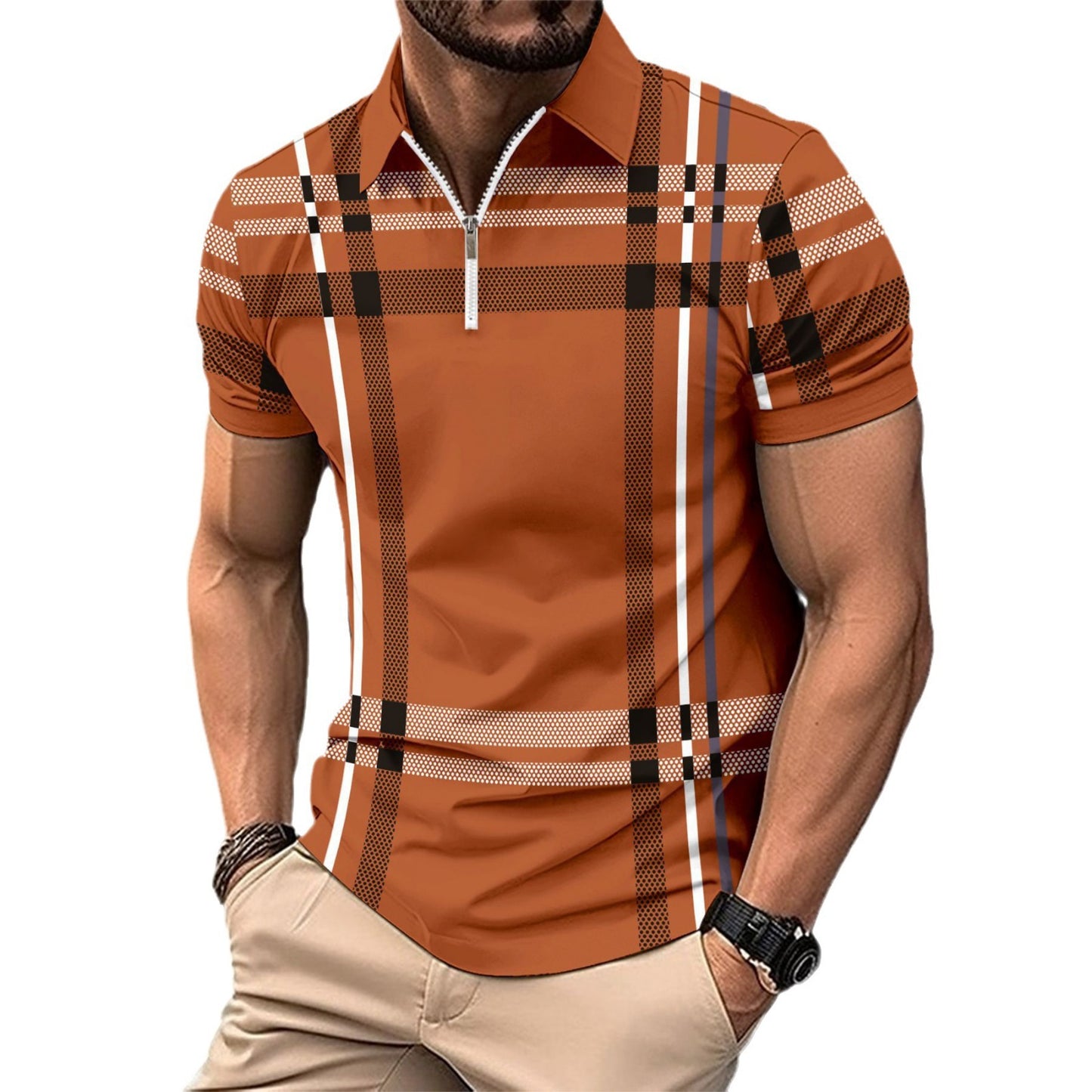 Men's printed plaid striped POLO shirt zip-up sports polo shirt