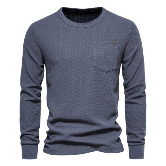 Solid Men's Crew Neck Pocket Waffle Long Sleeve T-Shirt