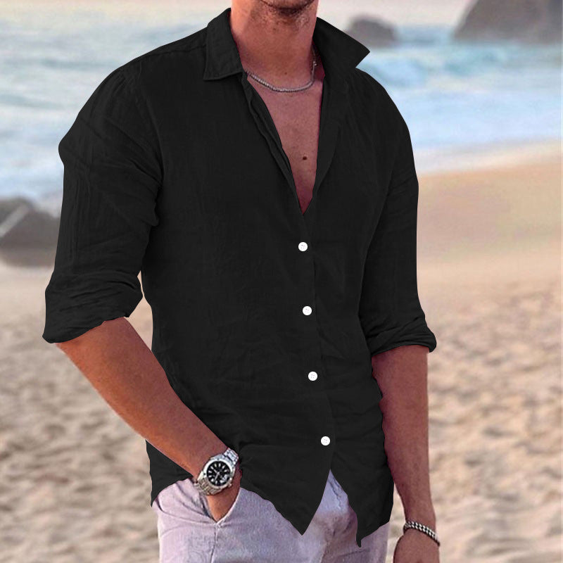 Men's casual fashion cotton and linen slim long-sleeved shirt