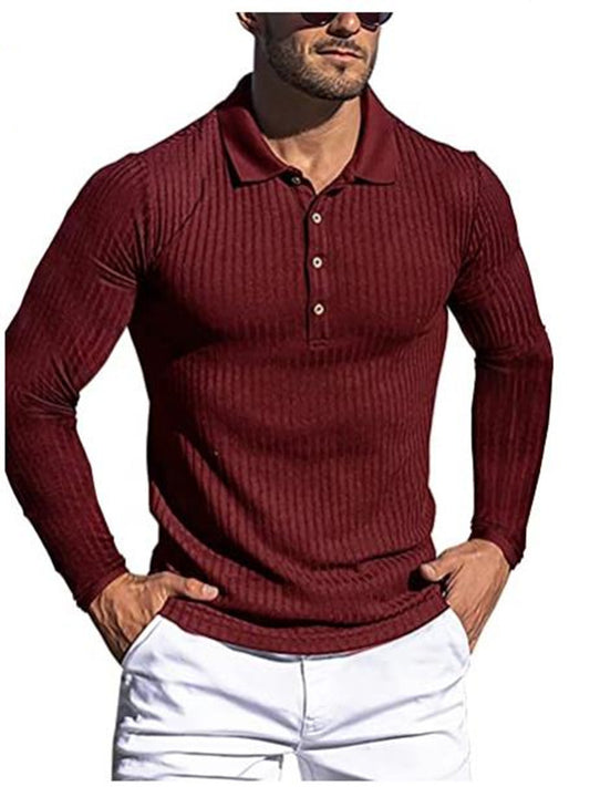 High elastic casual vertical striped long-sleeved POLO shirt slim fit knitted bottoming shirt