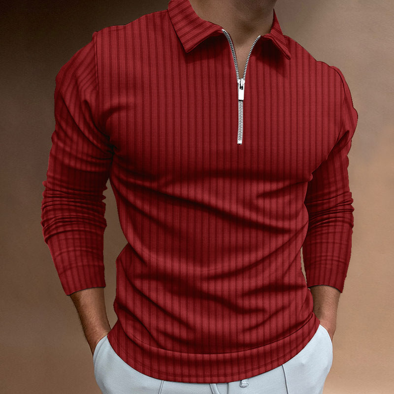Loose Casual Zipper Striped Long Sleeve Men's Polo Shirt