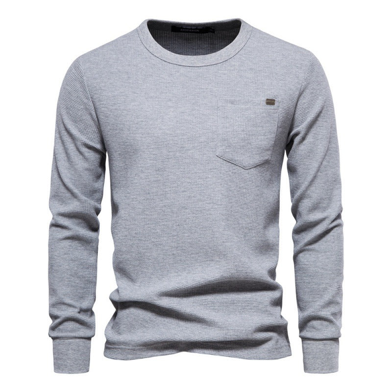Solid Men's Crew Neck Pocket Waffle Long Sleeve T-Shirt