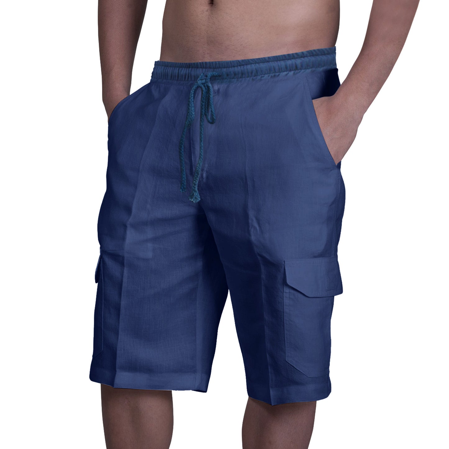 Linen Shorts Multi-Pocket Drawstring Men's Beach Solid Color Overalls