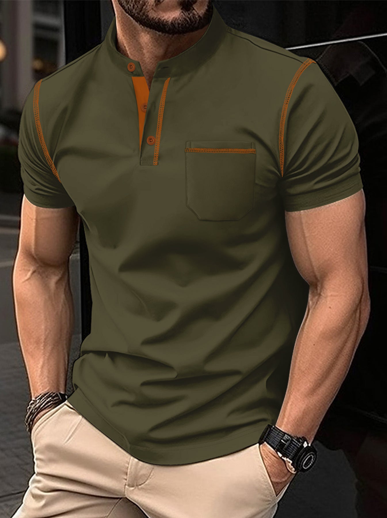 Men's sports polo shirt with stand collar and pockets