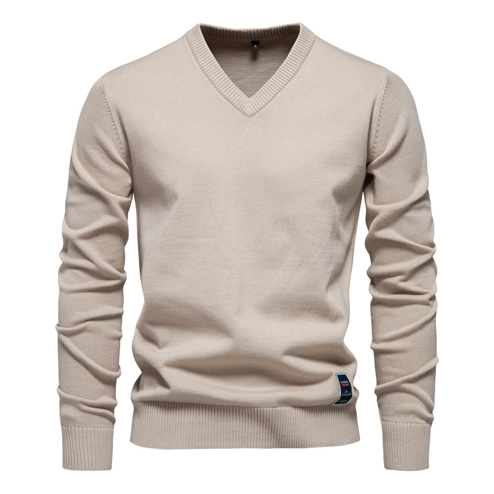 Fashion Men's V-neck cotton solid color sweater