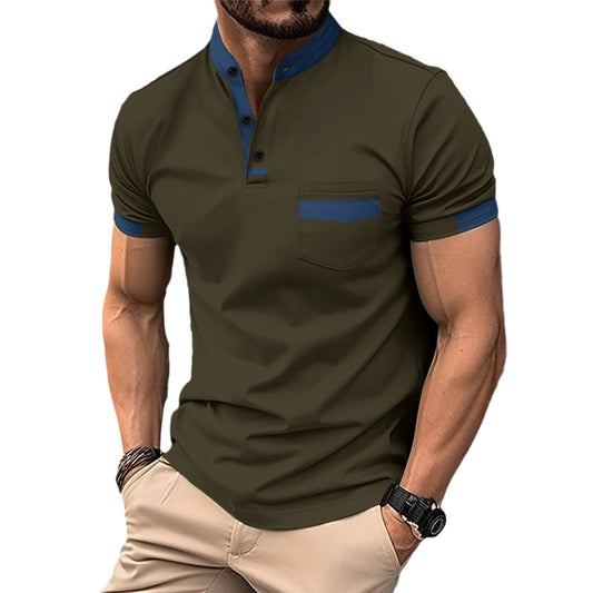 Men's sports polo shirt with colorblock henley collar and short sleeves