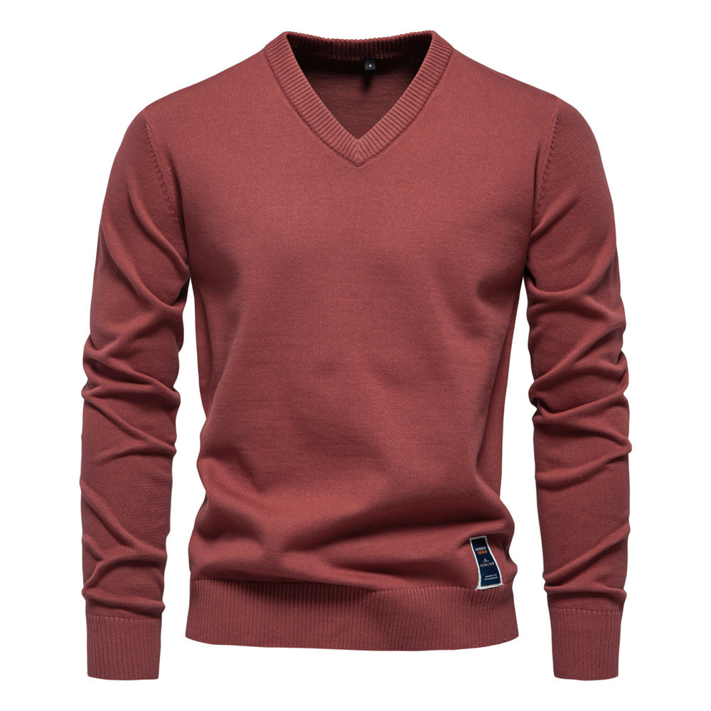 Fashion Men's V-neck cotton solid color sweater