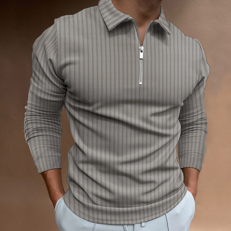 Loose Casual Zipper Striped Long Sleeve Men's Polo Shirt