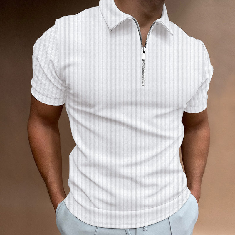 Cotton Loose Zipper Striped Men's Polo Shirt Short Sleeve T-Shirt