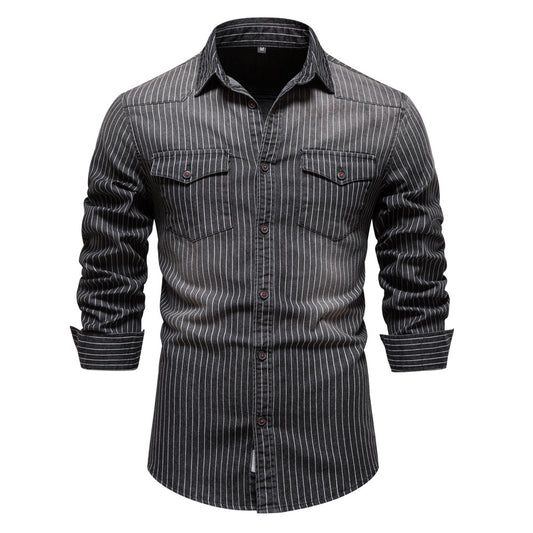 Men's retro collar striped denim shirt