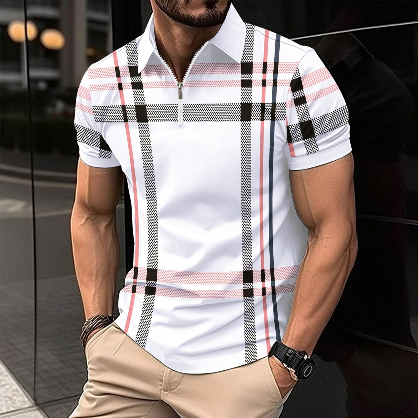 Men's printed plaid striped POLO shirt zip-up sports polo shirt