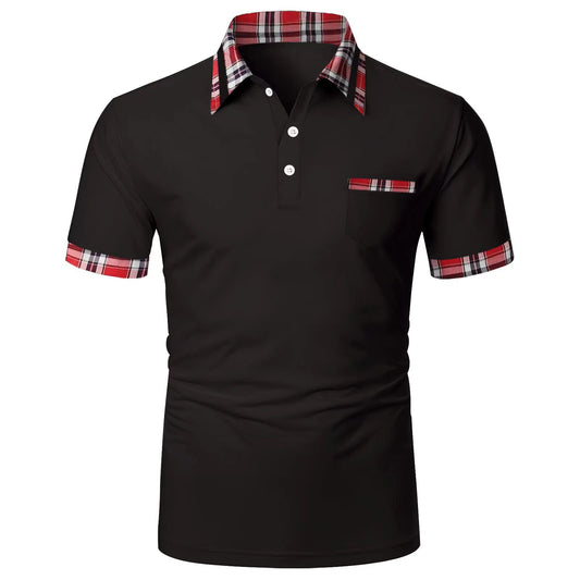 Men's short-sleeved plaid colorblock button pocket casual polo shirt