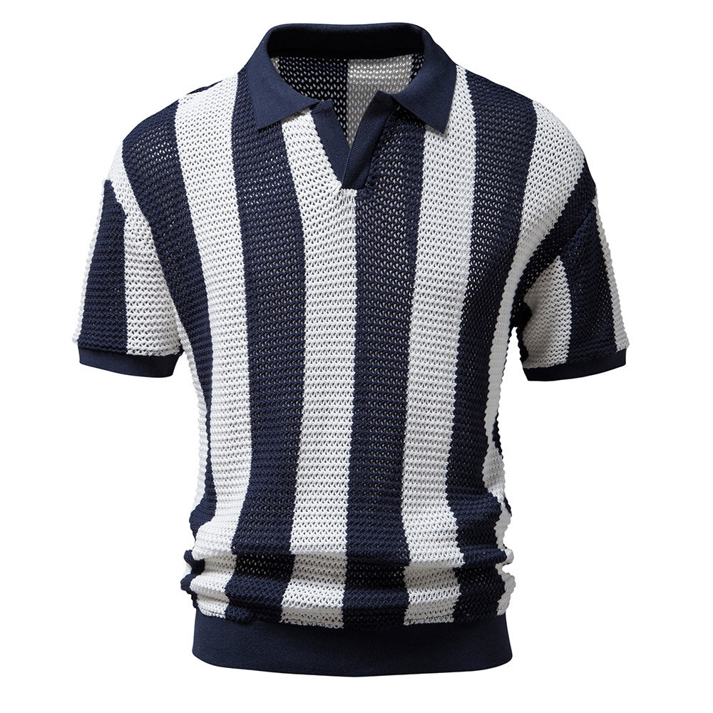 Men's hollow short-sleeved striped POLO shirt