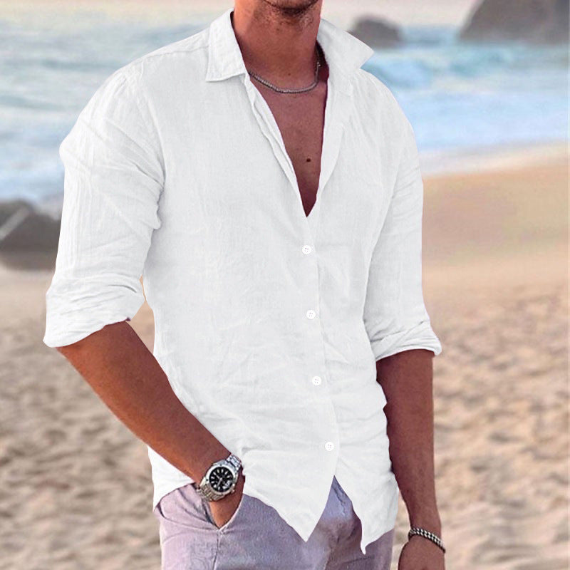 Men's casual fashion cotton and linen slim long-sleeved shirt