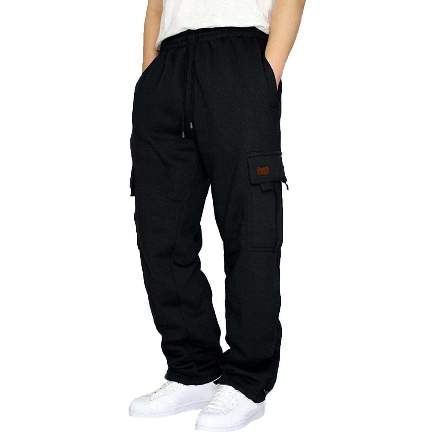 Men's casual trousers with fleece cuffs, multiple pockets and drawstrings, loose work trousers