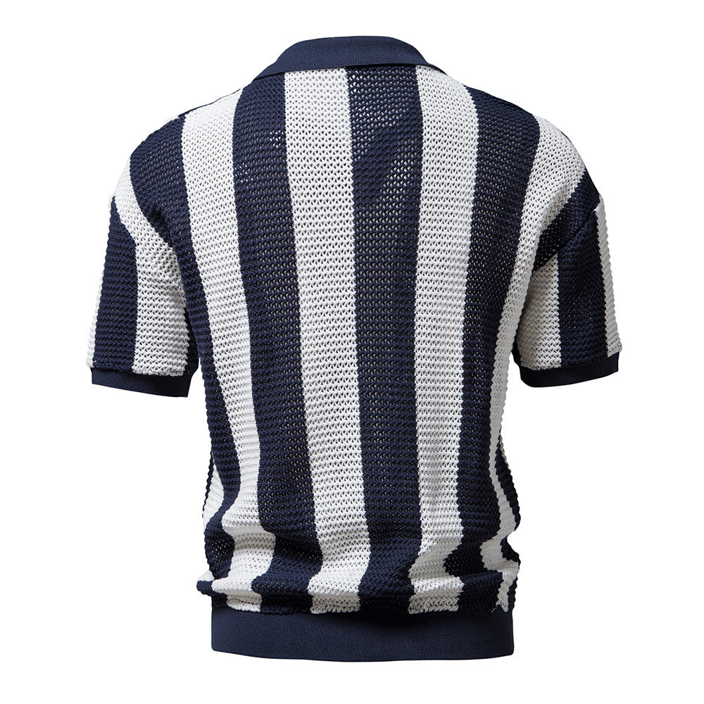 Men's hollow short-sleeved striped POLO shirt