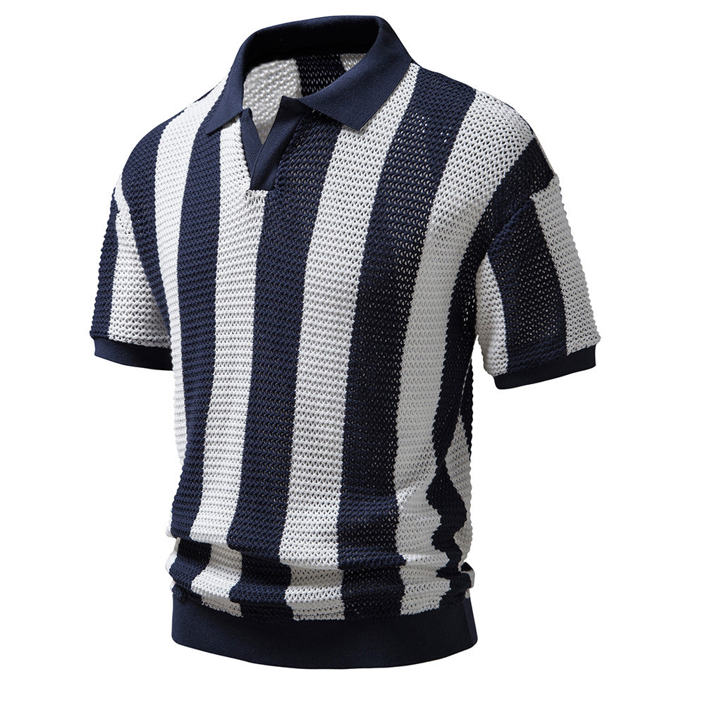 Men's hollow short-sleeved striped POLO shirt
