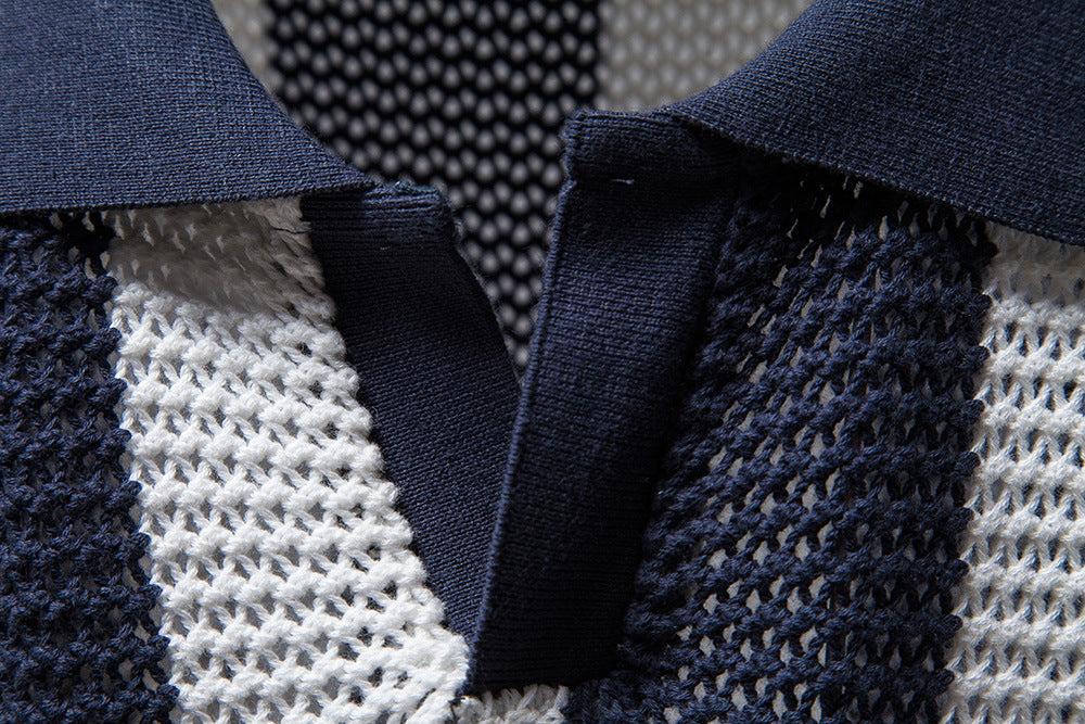 Men's hollow short-sleeved striped POLO shirt