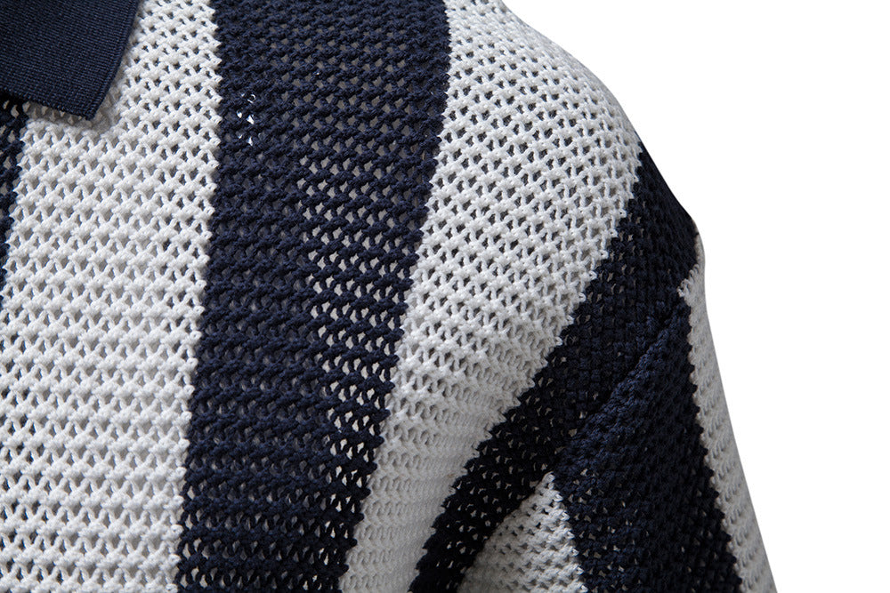 Men's hollow short-sleeved striped POLO shirt