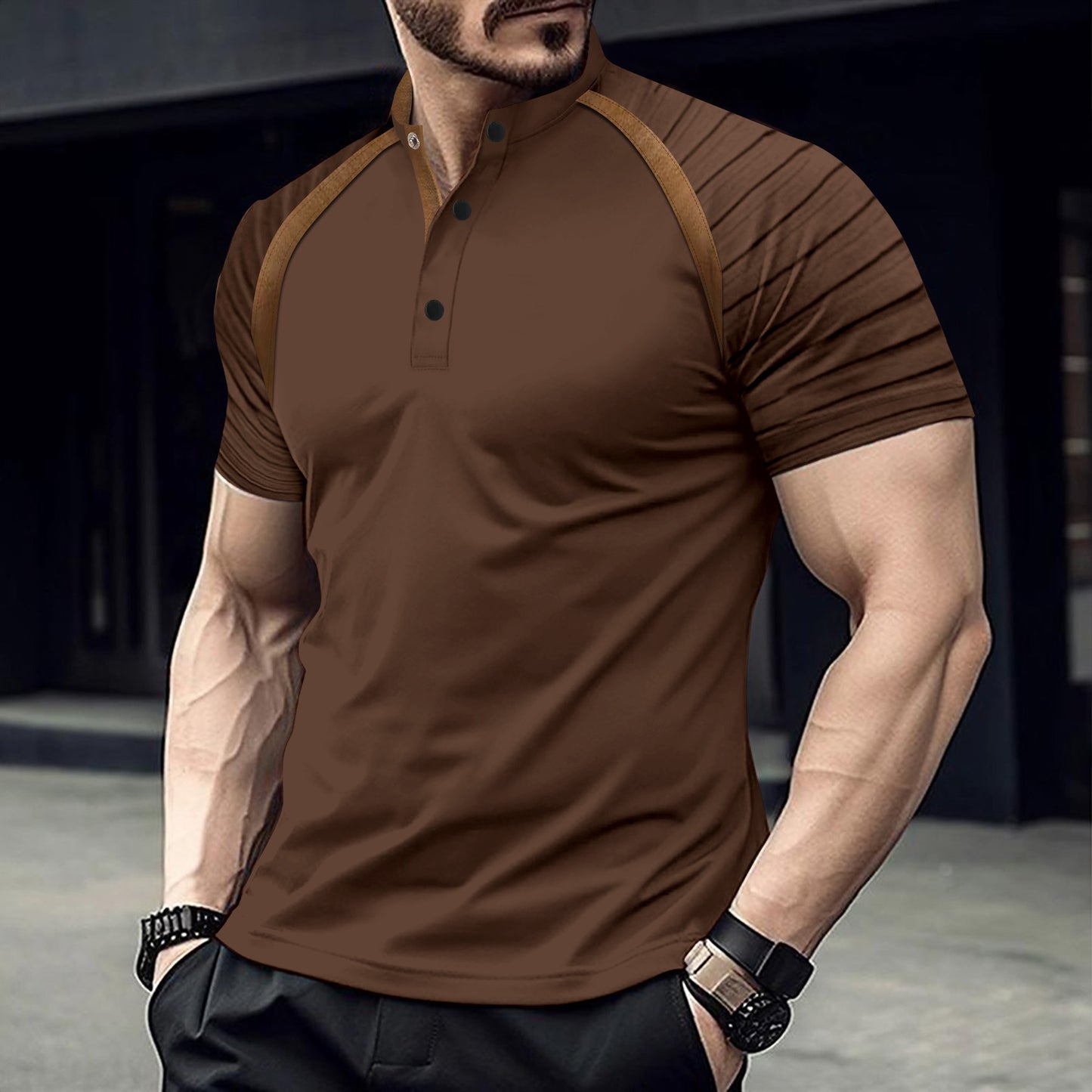 Solid color short sleeve tops with arm stripes for men's sports polo shirts