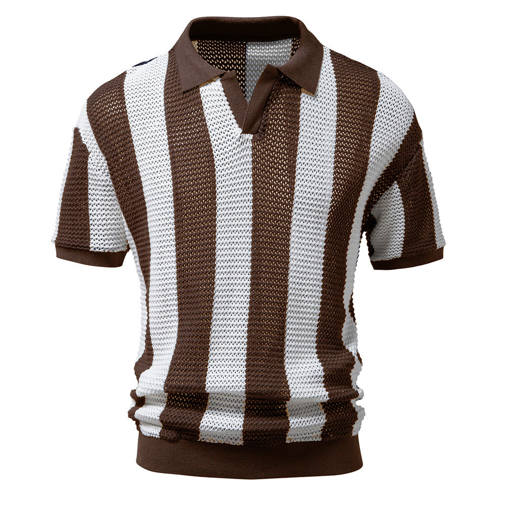 Men's hollow short-sleeved striped POLO shirt