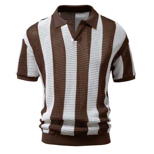 Men's hollow short-sleeved striped POLO shirt