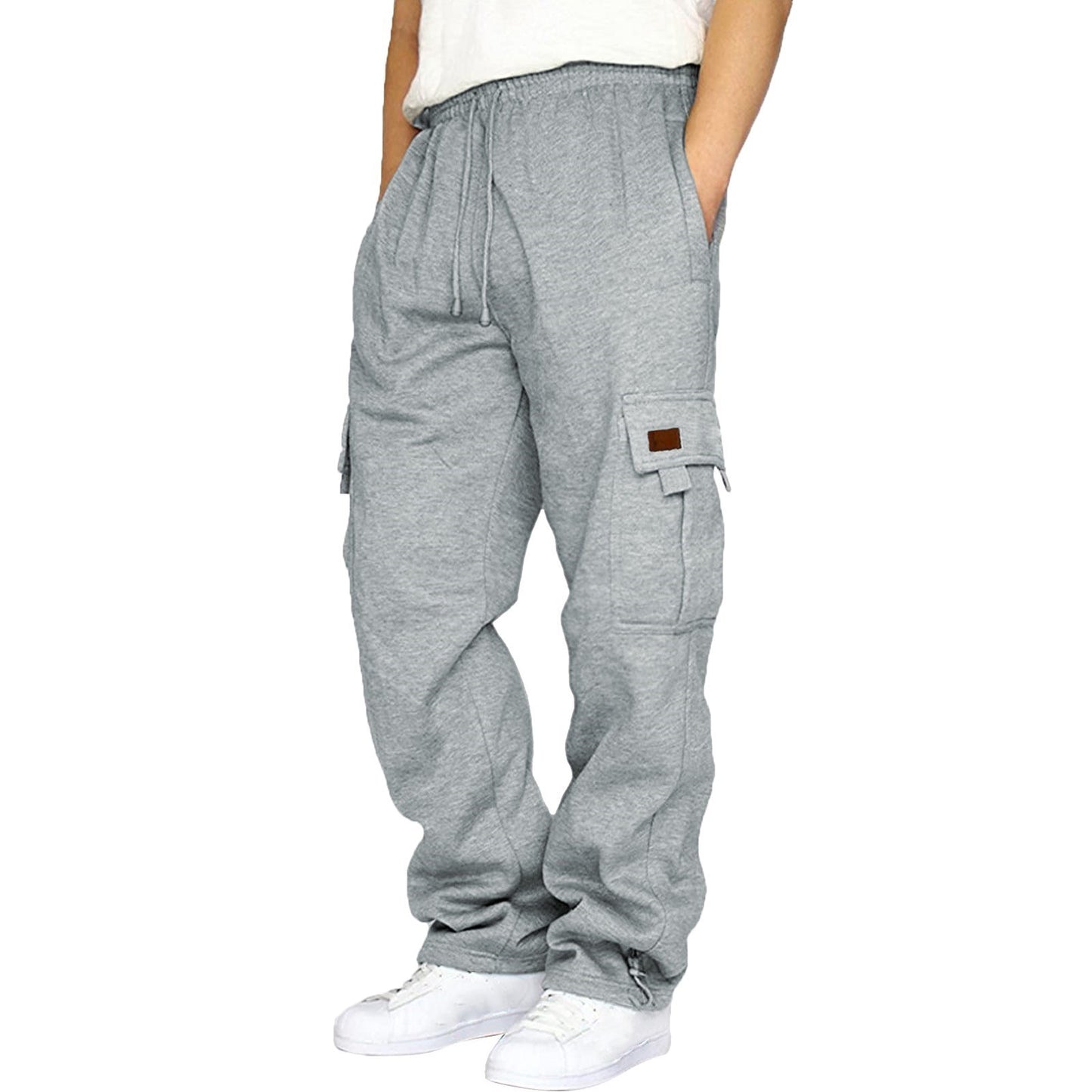 Men's casual trousers with fleece cuffs, multiple pockets and drawstrings, loose work trousers