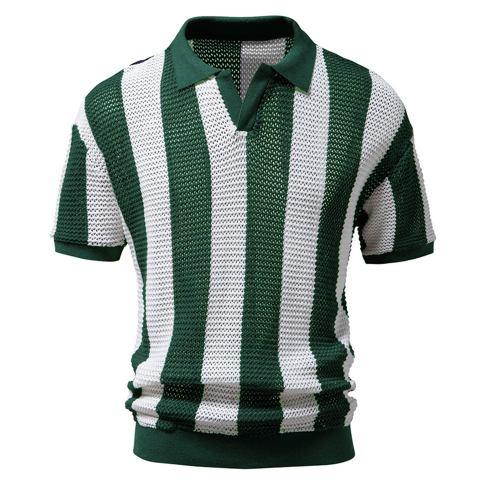 Men's hollow short-sleeved striped POLO shirt