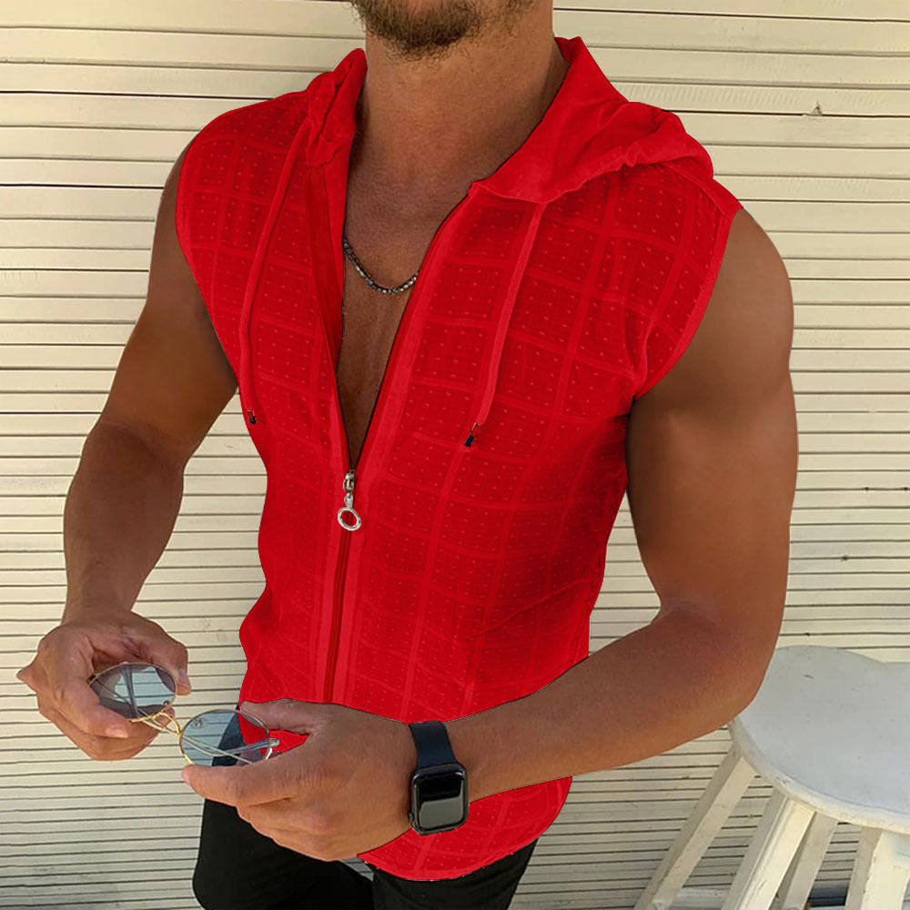 Short-sleeved hooded zipper cardigan T-shirt men's fashion plaid sleeveless t-shirt men's lapel top