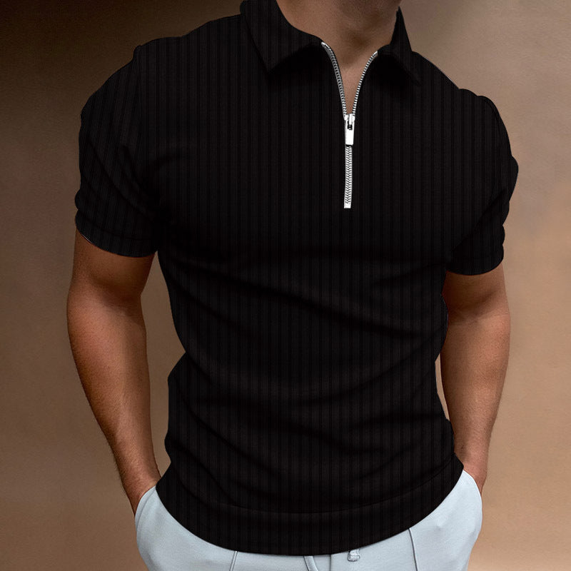 Cotton Loose Zipper Striped Men's Polo Shirt Short Sleeve T-Shirt