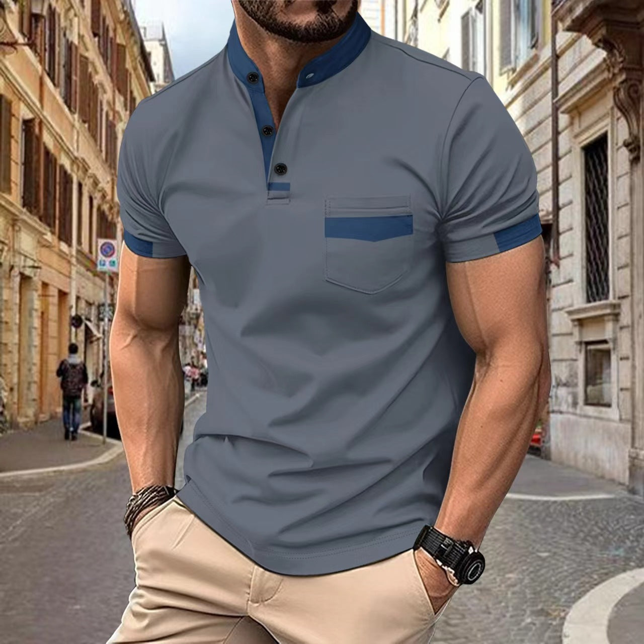 Men's sports polo shirt with colorblock henley collar and short sleeves