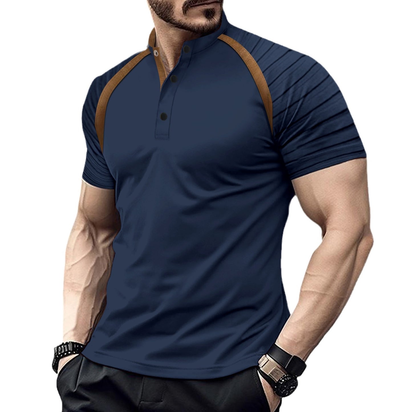 Solid color short sleeve tops with arm stripes for men's sports polo shirts