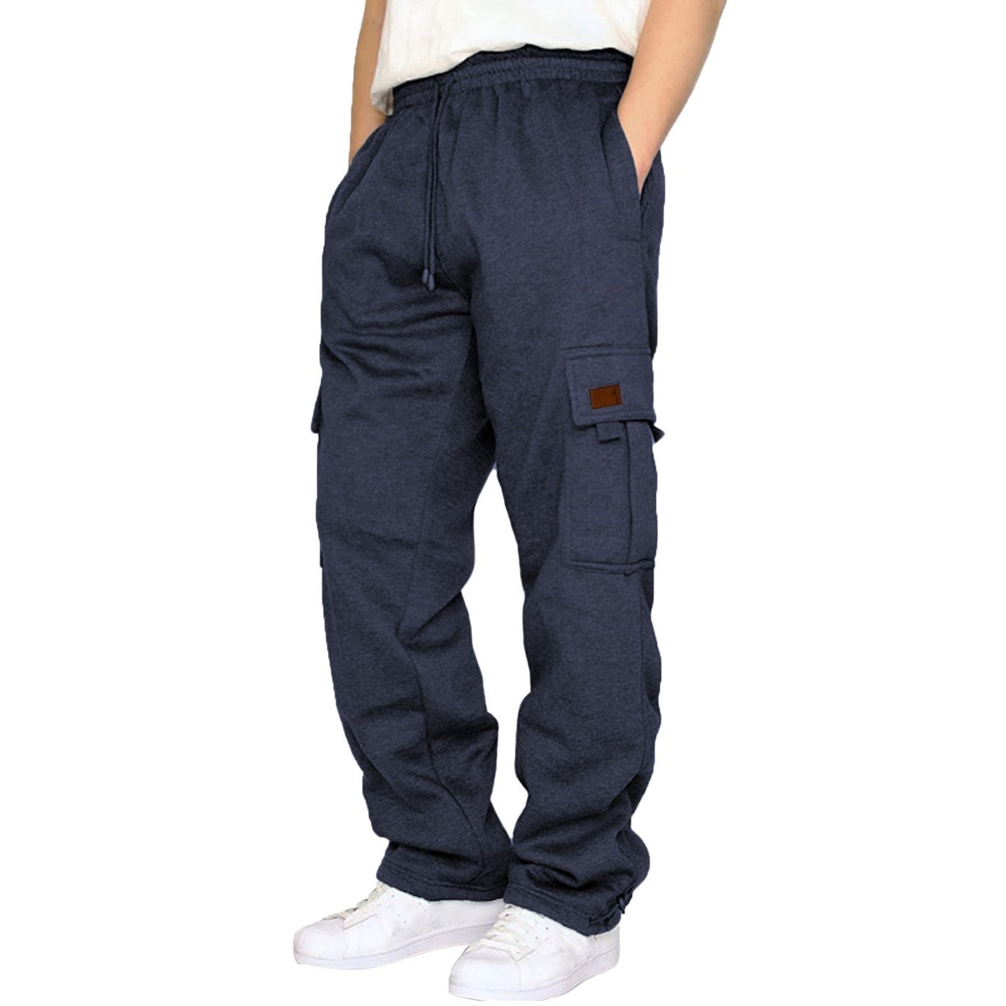 Men's casual trousers with fleece cuffs, multiple pockets and drawstrings, loose work trousers