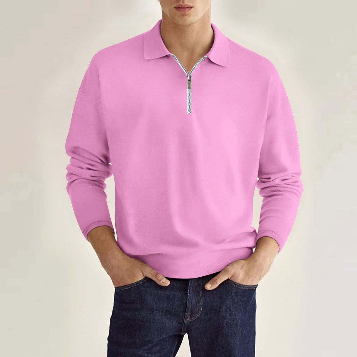 Zipper Solid Color Men's Long Sleeve Sports Polo Shirt