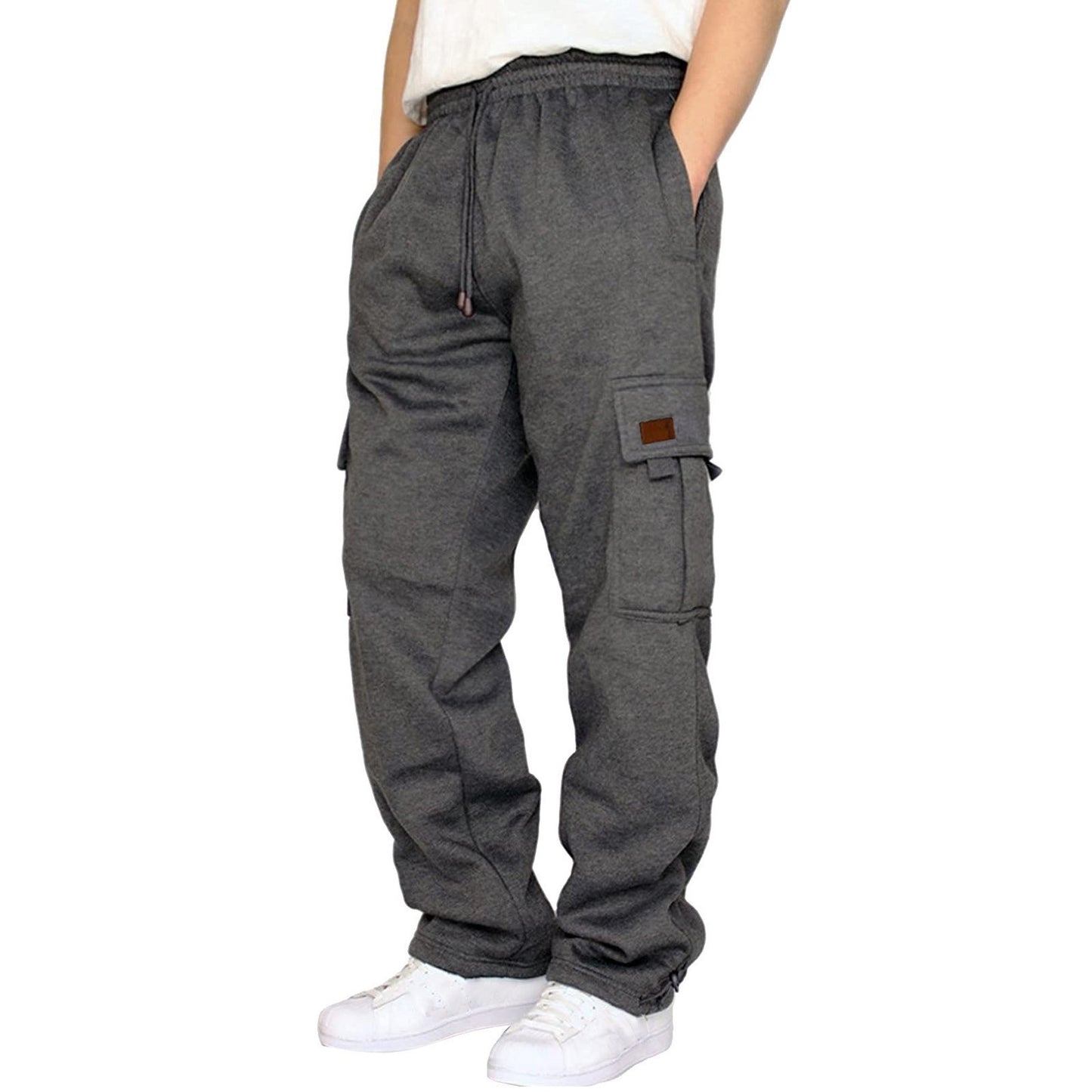 Men's casual trousers with fleece cuffs, multiple pockets and drawstrings, loose work trousers