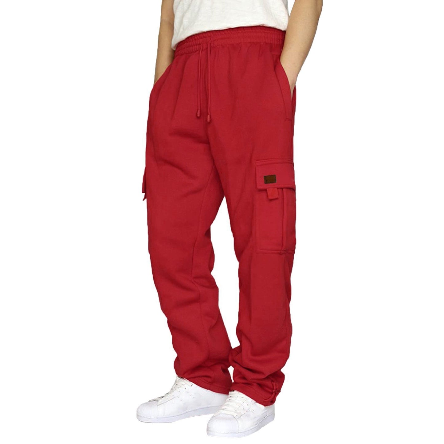 Men's casual trousers with fleece cuffs, multiple pockets and drawstrings, loose work trousers