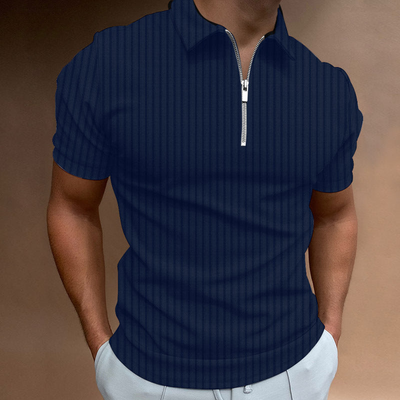 Cotton Loose Zipper Striped Men's Polo Shirt Short Sleeve T-Shirt