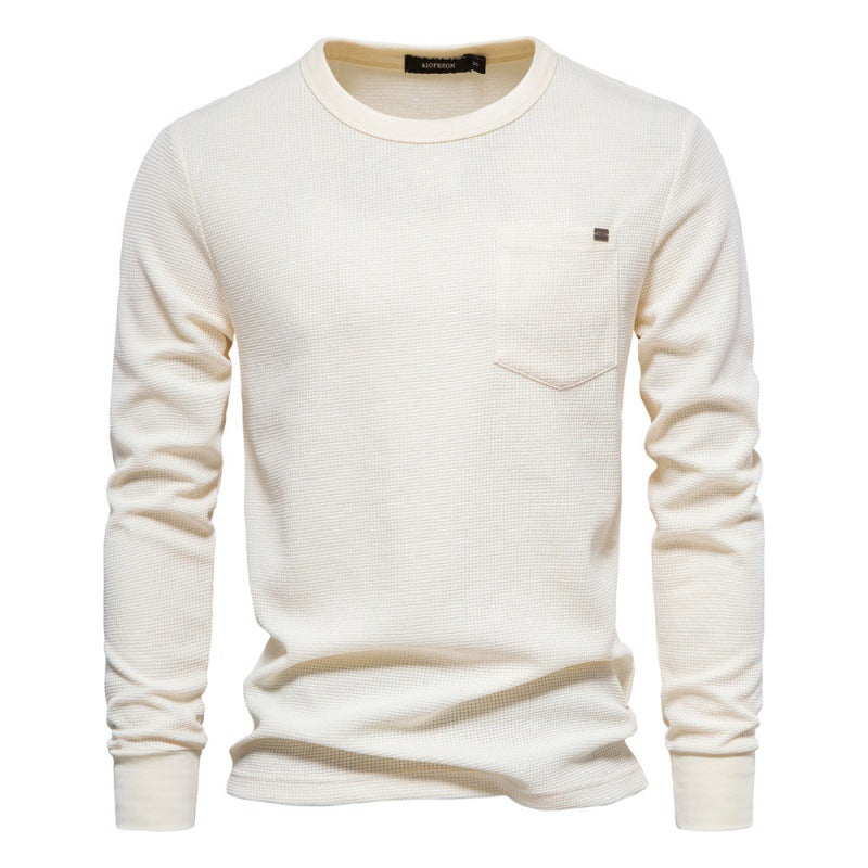 Solid Men's Crew Neck Pocket Waffle Long Sleeve T-Shirt