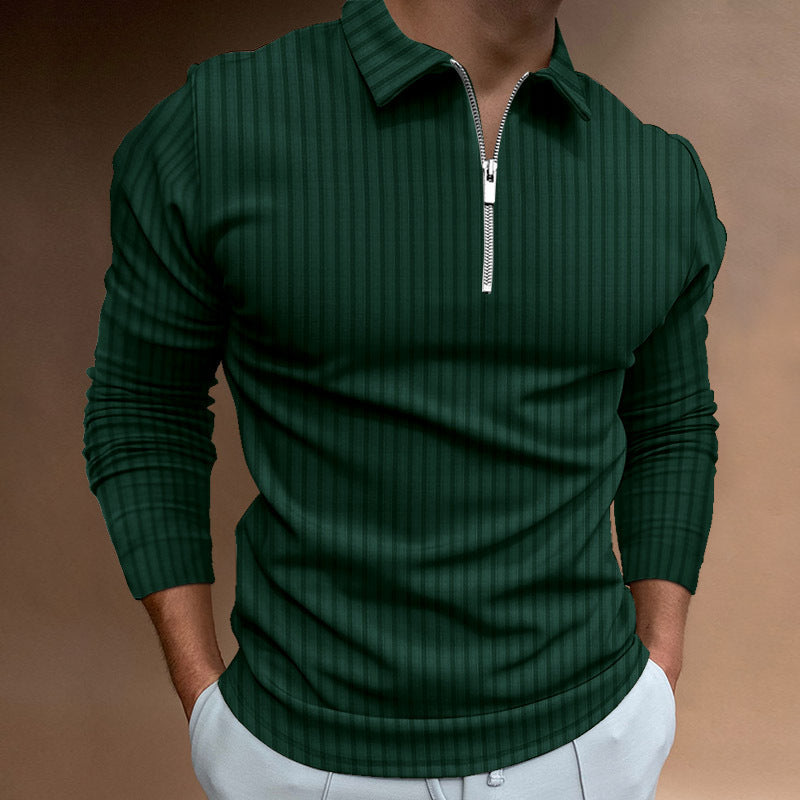 Loose Casual Zipper Striped Long Sleeve Men's Polo Shirt