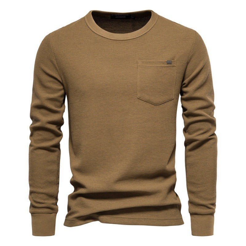 Solid Men's Crew Neck Pocket Waffle Long Sleeve T-Shirt