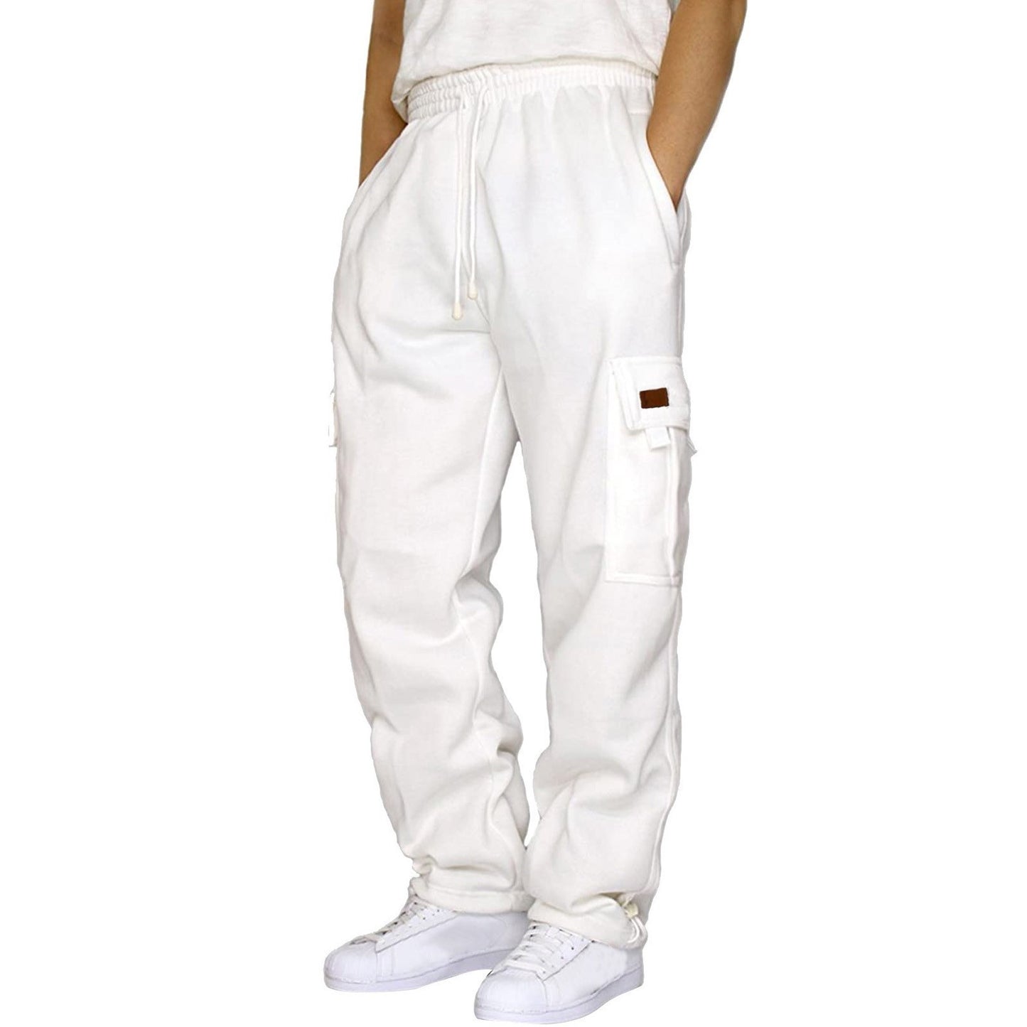Men's casual trousers with fleece cuffs, multiple pockets and drawstrings, loose work trousers