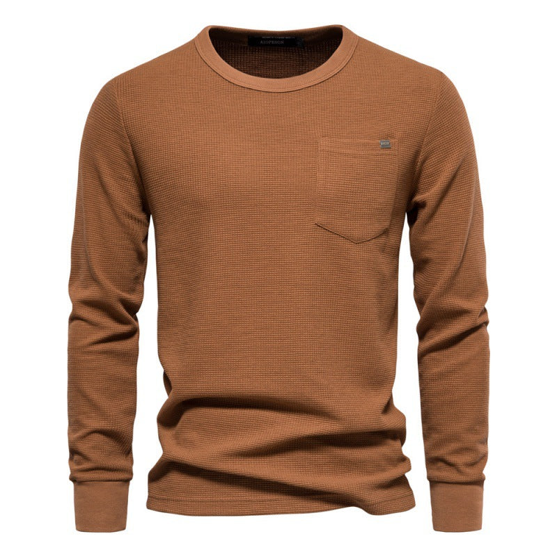Solid Men's Crew Neck Pocket Waffle Long Sleeve T-Shirt
