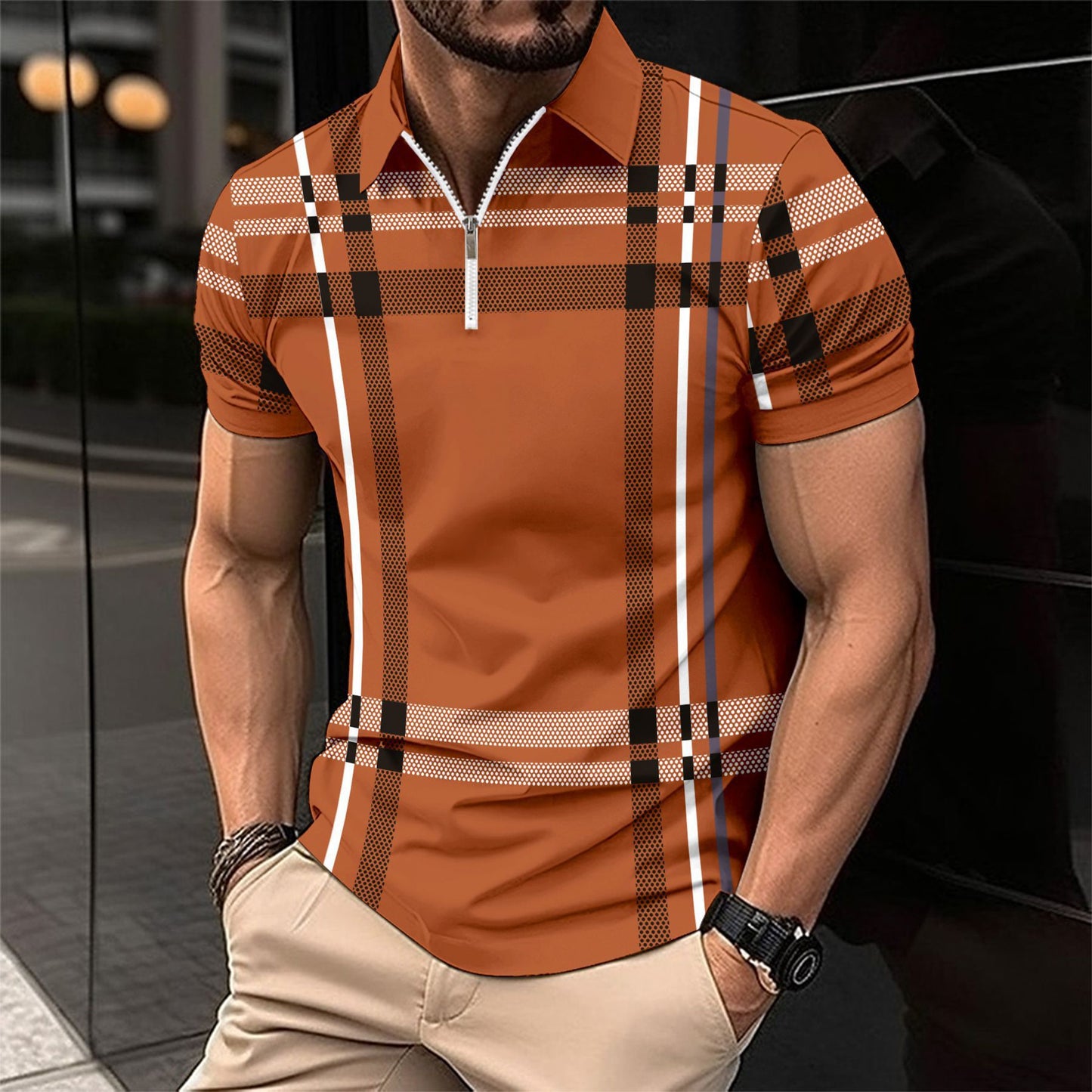 Men's printed plaid striped POLO shirt zip-up sports polo shirt