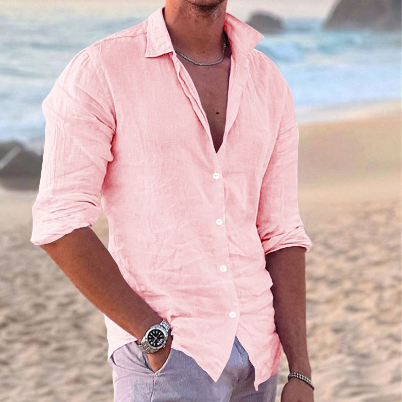 Men's casual fashion cotton and linen slim long-sleeved shirt