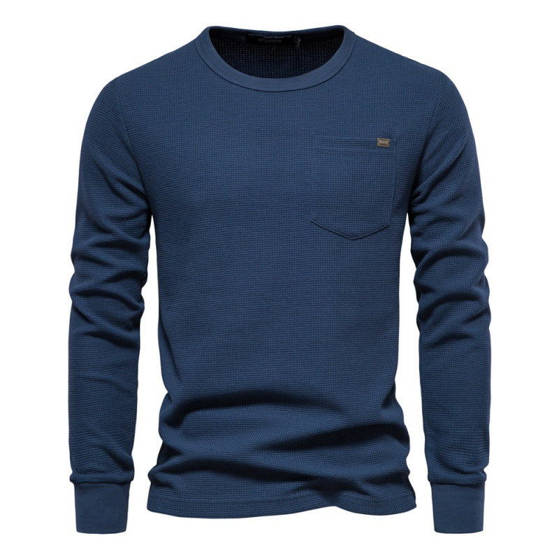 Solid Men's Crew Neck Pocket Waffle Long Sleeve T-Shirt