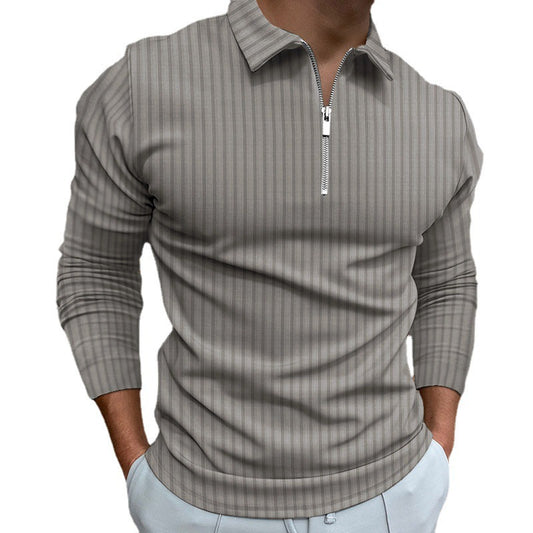 Loose Casual Zipper Striped Long Sleeve Men's Polo Shirt