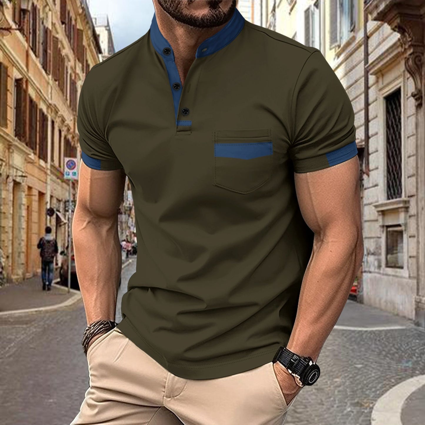 Men's sports polo shirt with colorblock henley collar and short sleeves