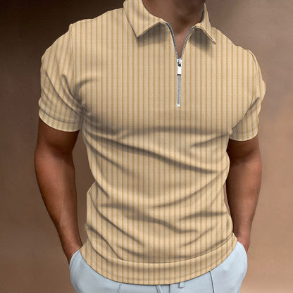 Cotton Loose Zipper Striped Men's Polo Shirt Short Sleeve T-Shirt